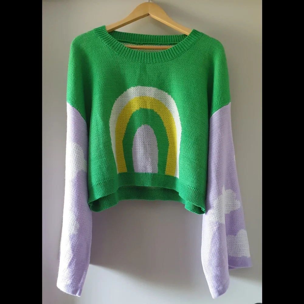 Shein Curve Women's Pastel Rainbow Cloud Rainbow Crop Knit Wide Sleeve Green 2XL - Picture 1 of 6